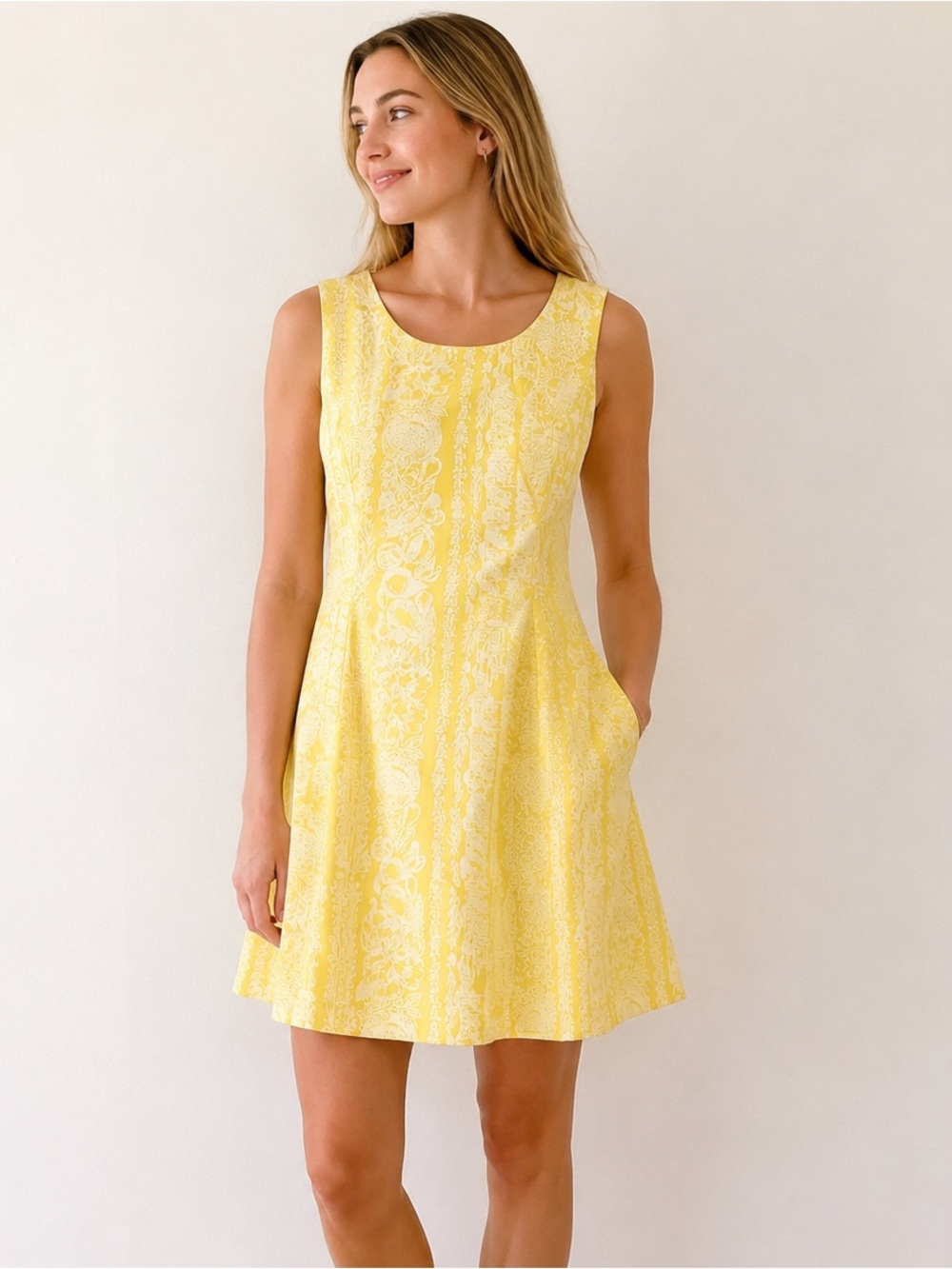 Vintage 1960s Yellow Floral A-Line Dress Handmade Palm Beach Lilly Style
